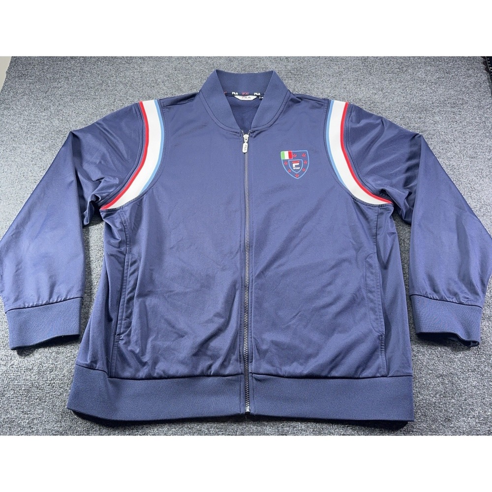 Fila Sport Italy Track Jacket Men's XL Blue Striped Flag Logo Patch Full Zip